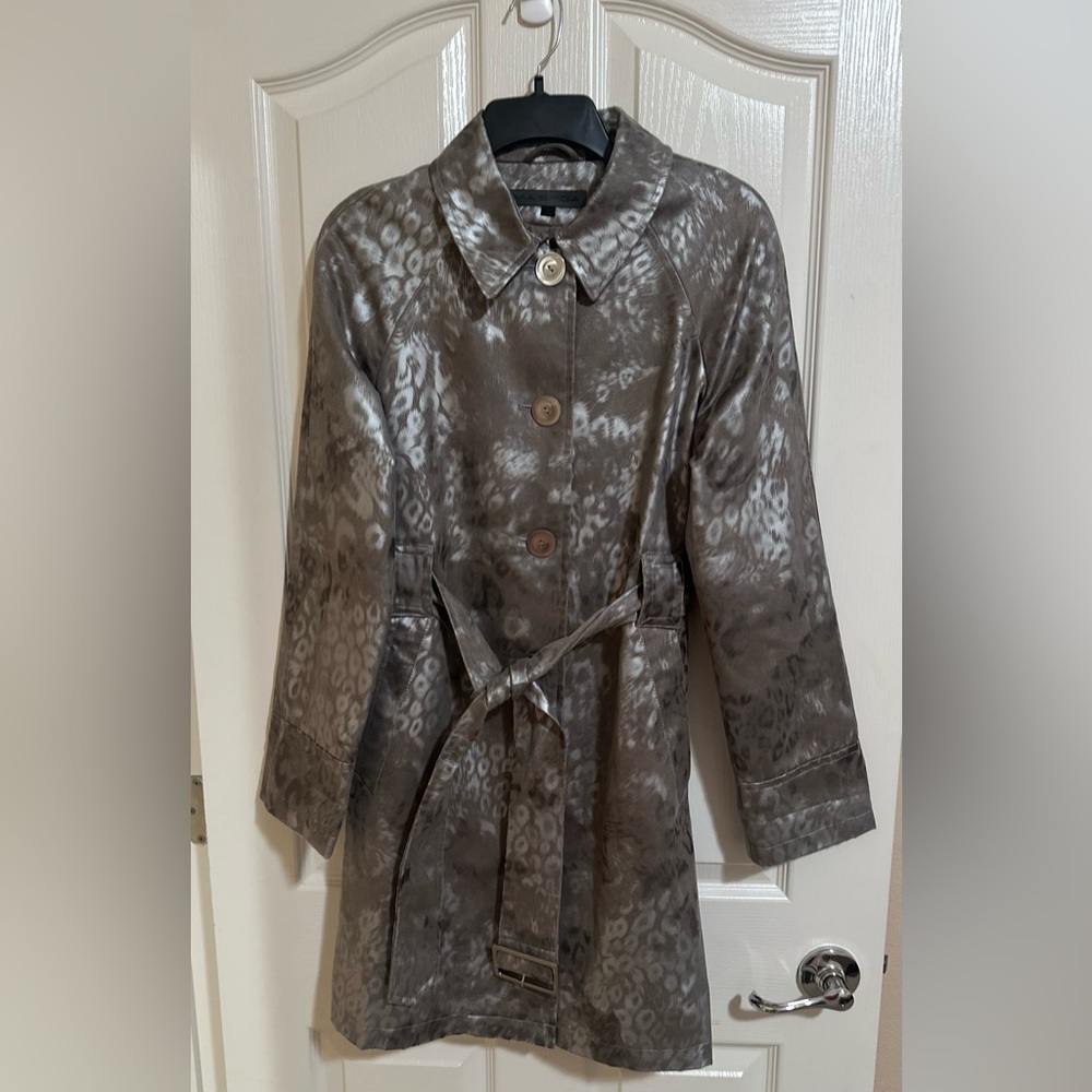 Women’s Via Spiga‎ Metallic Animal Print Trench Coat Silver Taupe Belted Small.